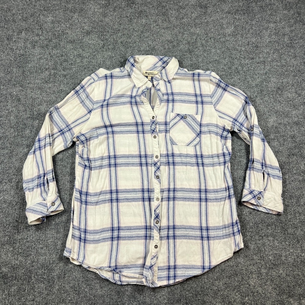Hester & Orchard Flannel Shirt Womens Large White Blue Plaid Cotton Button Up